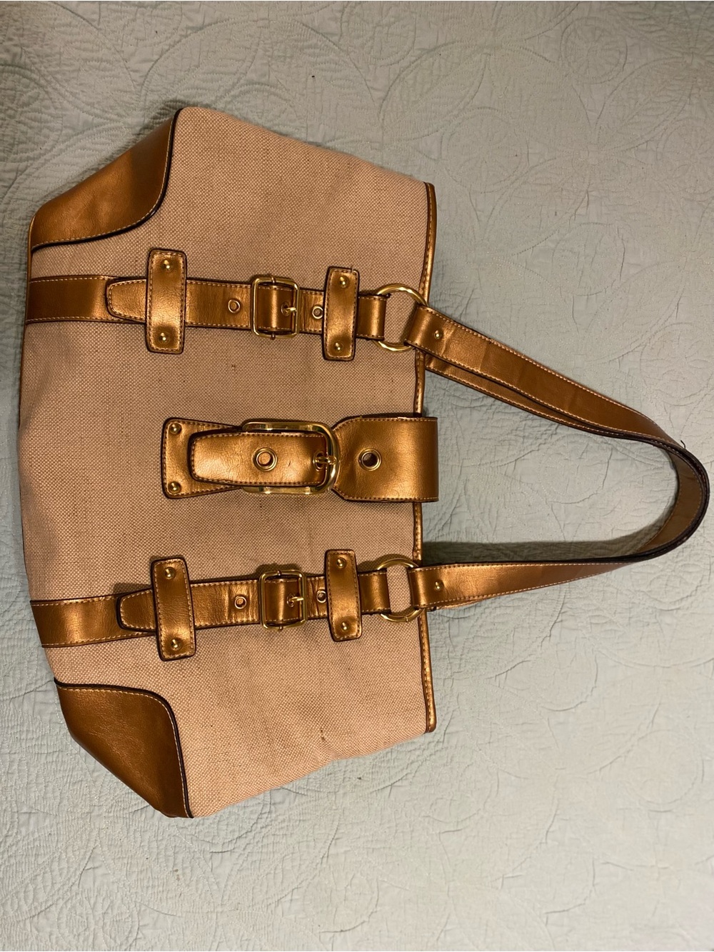 Amanda Smith Beige Canvas Shoulder Bag with Metallic Gold Trim